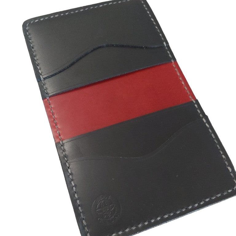 Card Wallet. Made from Italian Chrome Finished Vegtan Leather Navy base with red interior. All hand-cut and stitched. Plain Wallet has 2 card pockets, 2 back pockets. Navy Blue & Red, Red & Navy Blue