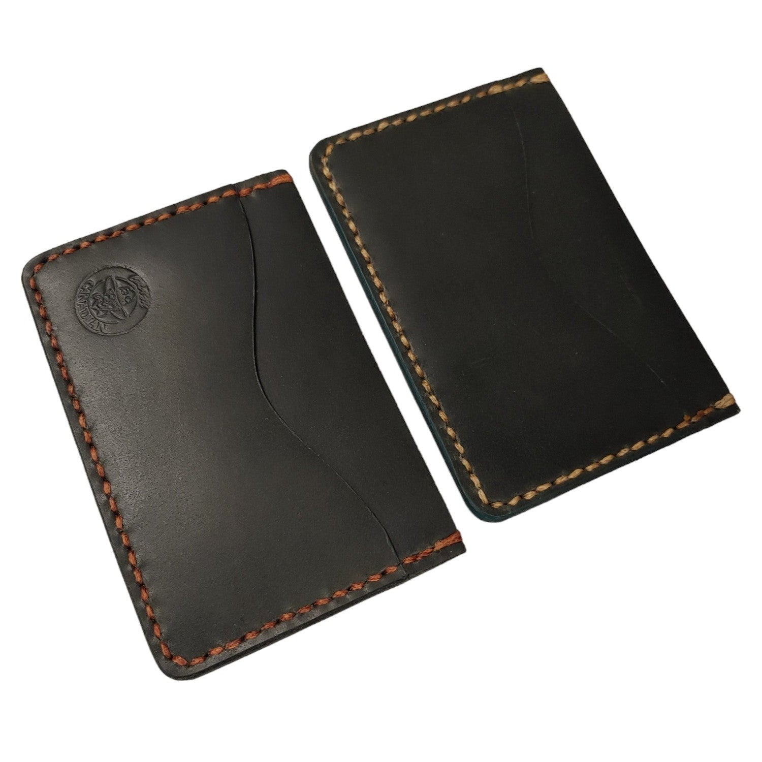 Minimalist Card Wallet - Finished Vegtan Made from Heritage Series waxed cow hide. All hand-cut and stitched. Plain Wallet has 2 card pockets, 1 interior pocket Black, Acorn Brown, Burgundy